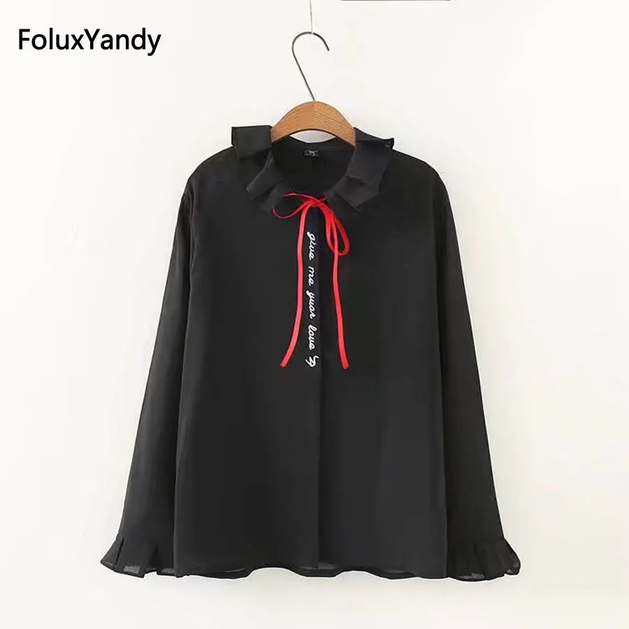 Babados Chiffon Blusa Camisa Casual Preto Plus Size 3 4 XL Solto Carta Bordado Blusa de Manga Comprida KKFY1059