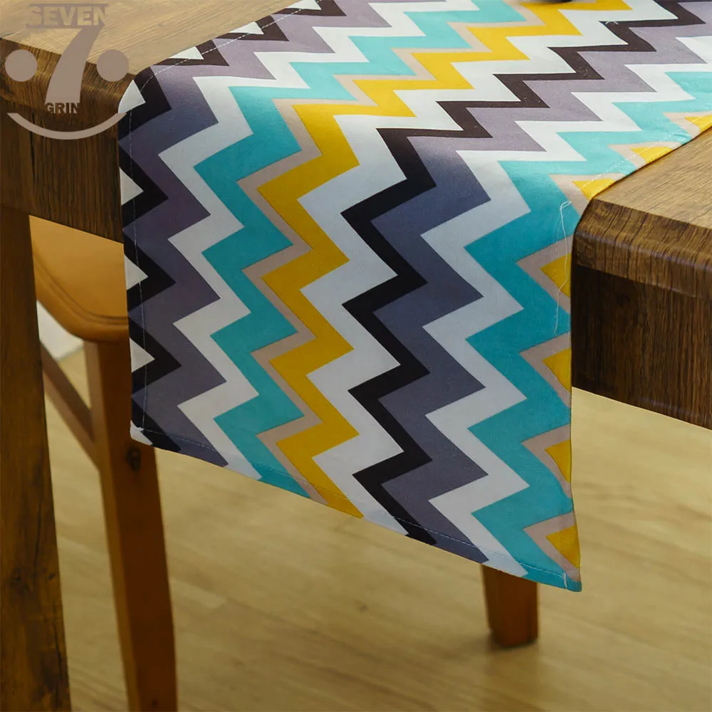 Cute Blue Yellow Black Geometric Waves Printed Thick Anti-Skid Table Runner