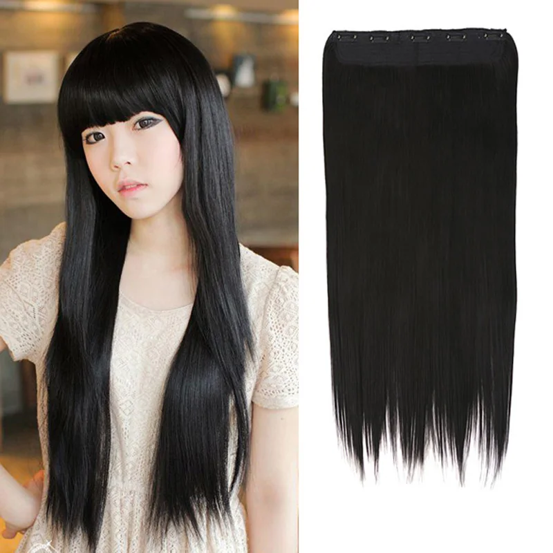 

60cm Fashion Girl Lady Long Straight Fibre Clip On Hair Extension Black Sale WH998