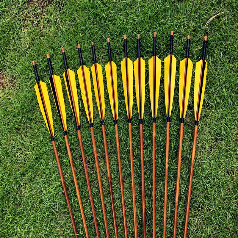 

12pcs yellow&black Bamboo Arrows Hunting Archery Turkey Feathers For recurve longbow