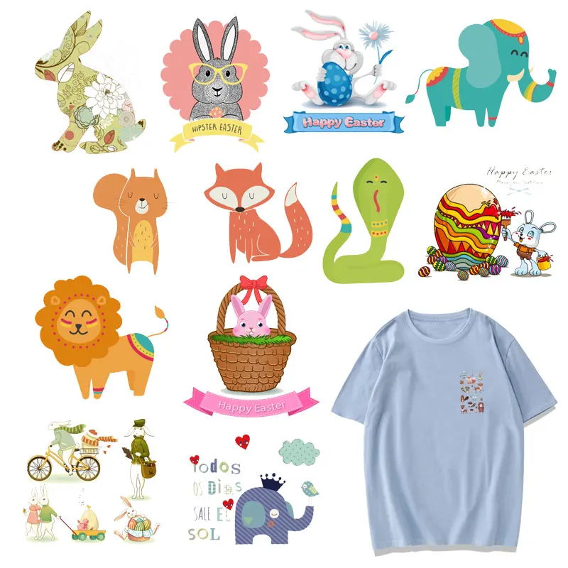 

3D Cartoon Animal Patch Set Heat Transfer Stickers Stripes for Clothing DIY Kids T-shirt Iron on Rabbit Owl Patches for Clothes