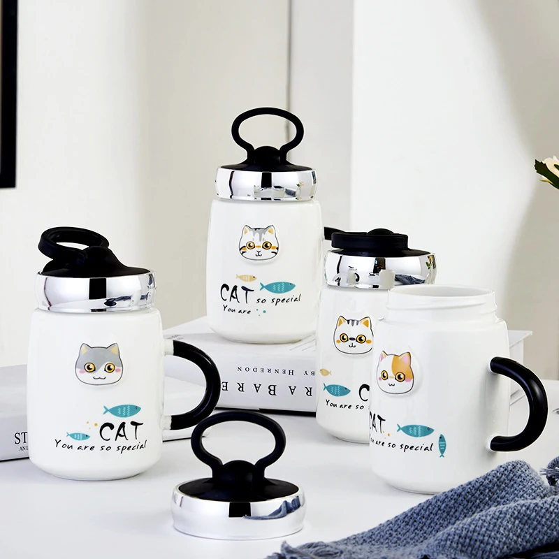 

New Arrival Lovely Cat Mug Heat-resistant Milk Kitten Cartoon Porcelain Cup with Cover Coffee Cup Creative Office Gifts