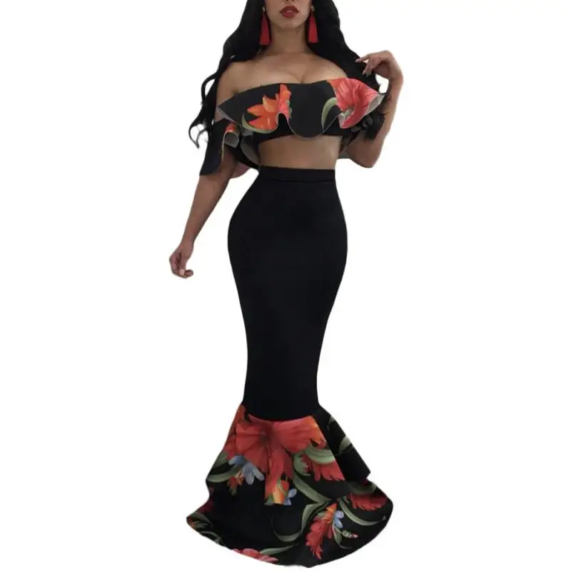 Liva girl 2017 Elegant Ruffles Crop Top & High Waist Mermaid Skirts Set Women Bodycon Formal Party Wear Maxi Two Piece Set