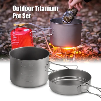 

Outdoor 1100ML/1600ML Titanium Pot Pan Camping Cookware Set Camping Lightweight Titanium Tableware Fry Pan with Folding Handles
