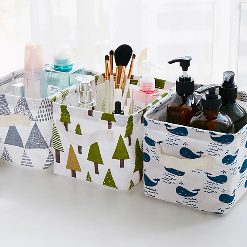 2PCs Waterproof Linen Office Storage Box Portable Pen Makeup Cosmetic Lipstick Sundries Basket Desktop Articles Organizer