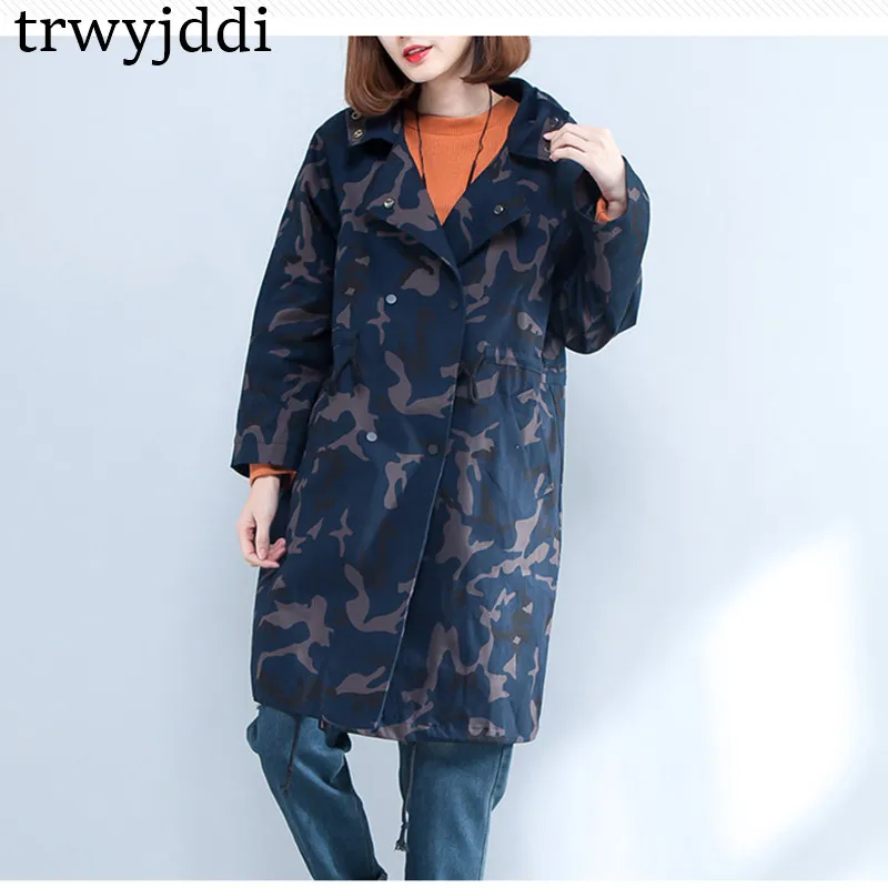 Mode Picture Femmes Color Printemps Breasted Camouflage Coupe vent Capuche Oversize 2018 Cardigan Hiver Hl137 Coréenne À Manteau Veste Double 1HHPT