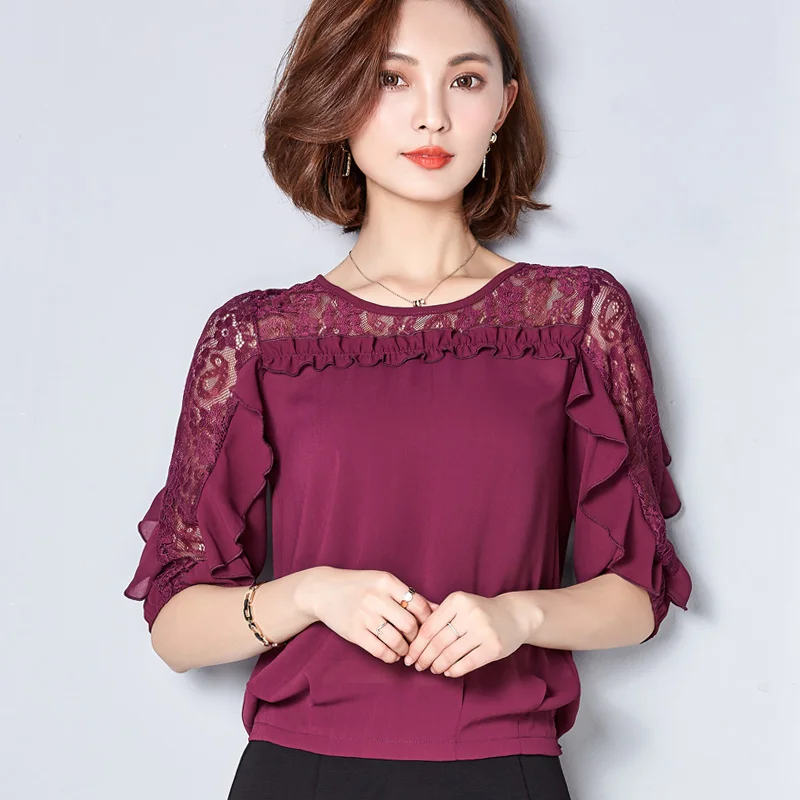 

2017 New Arrival Fashion Women Chiffon Lace Blouse Female Solid Color Plus Size Slim Body Blouse Summer Shirt78F 30