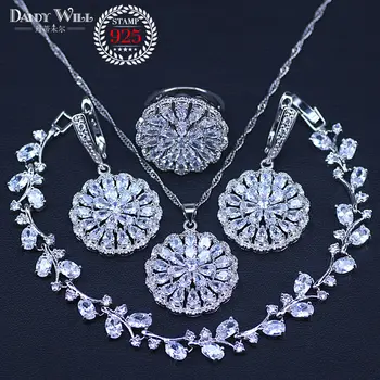 

Amazing Handmade Women White Zircon silver color Jewelry Sets Bracelets Pendant Necklace Rings Earrings With Stones Set Jewelery
