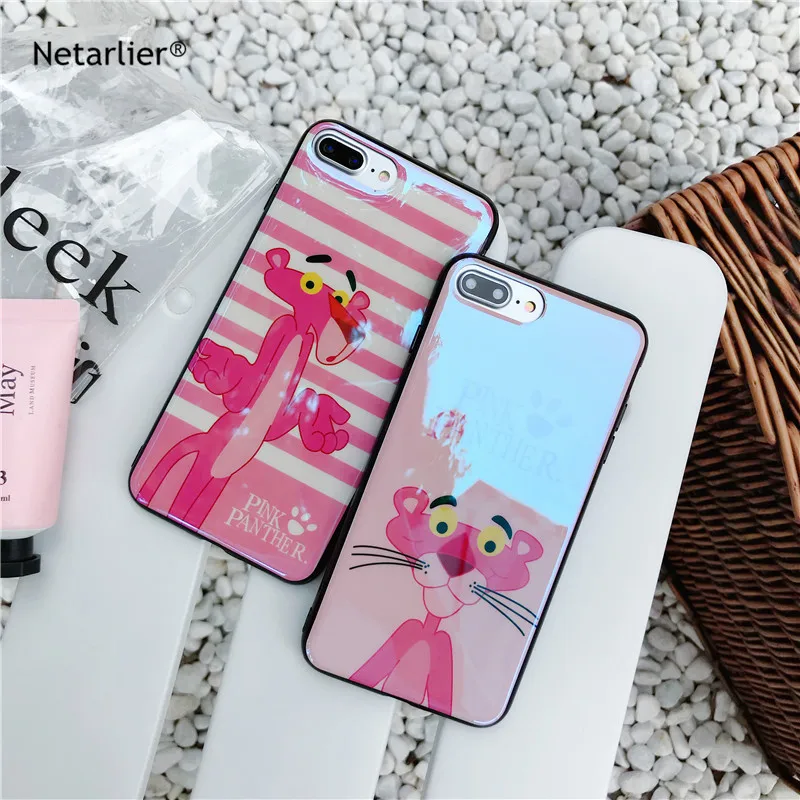 

Netarlier Electroplate Blue Light Cartoon Pink Panther For iphone 8Plus Case High Quality Fashion Back Soft TPU Coverin 5.5 inch