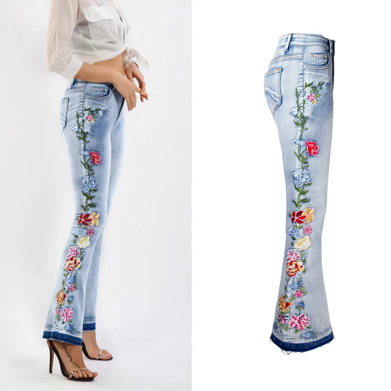 LOGAMI расклешенные и вышитые джинсы женские цветочные узкие джинсовые брюки женские большие размеры широкие джинсы