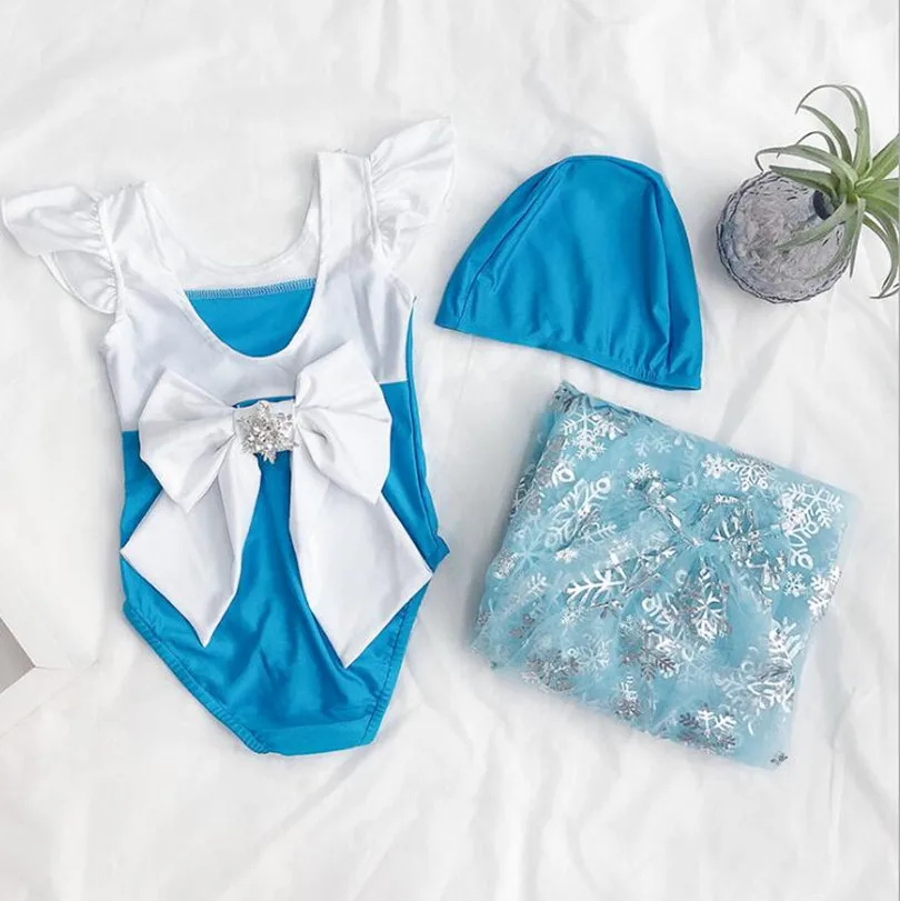 Baby Girls Swimsuit Elsa Costume Lace Toddler Kids Baby Swimwear Bikini+Hat+Cloak+Brooch 4pcs/set Infant Baby Bathing Suits - Цвет: Синий
