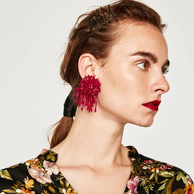 

New Handmade Crystal Beads Dangle Drop Earrings For Women ZA Jewelry Girls Boho Tassels Fringe Acrylic Earrings Brincos 2019
