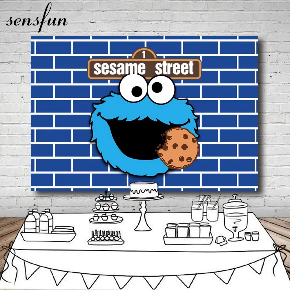 

Sensfun Cartoon Sesame Street Children Birthday Party Backdrop For Photo Studio Blue Brick Wall Cookie Backgrounds 7x5FT Vinyl