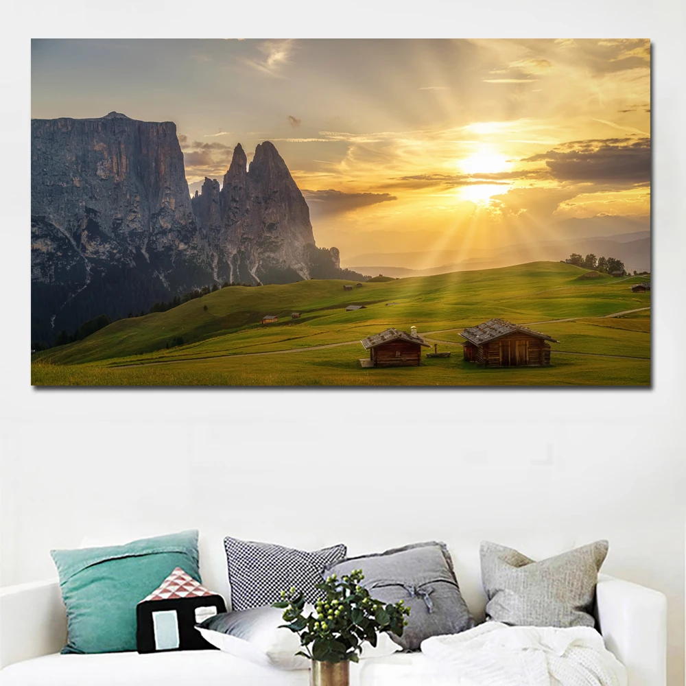 

HD Prints Italy Grasslands Houses Mountain Landscape Art Painting Canvas Printed Wall Art Prints Poster for Living Room Decor