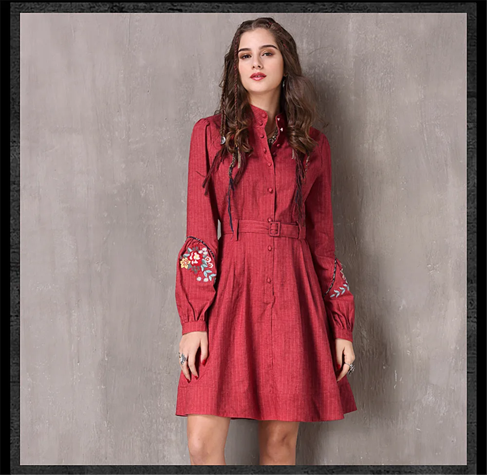 Vintage Spring Women's Dress 2018 New Cotton Linen Vestidos A-line Lantern Sleeve Stand Collar Belted Red Dresses For Women (10)