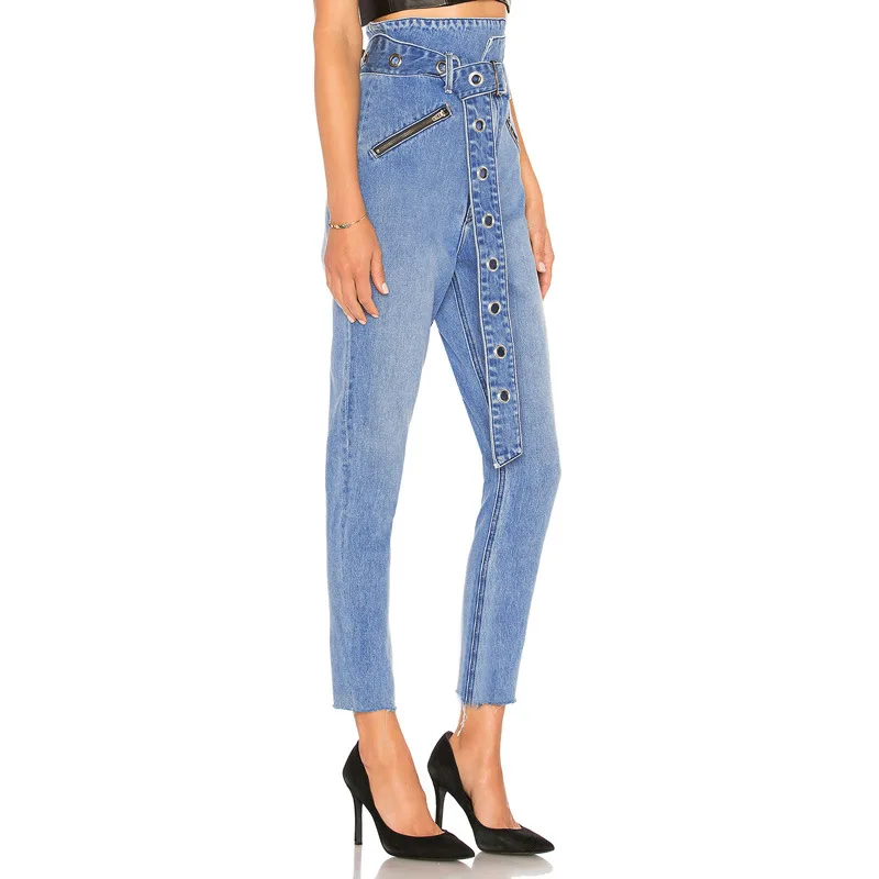 LVINMW, женские джинсы с высокой талией, с оборками, с поясом, узкие брюки-карандаш, 2018, зимние женские сексуальные уличные джинсы с карманами
