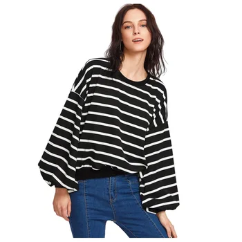 

Women New Spring Autumn Fashion Lantern Sleeve Loose Striped O-neck Sweatshirt Girl Vintage Elegant Casual Tops