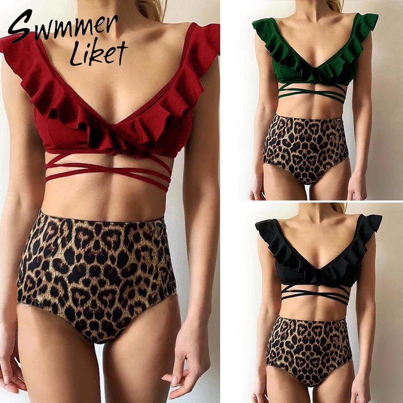 

Brazilian leopard bikini high waist swimsuit female Deep v-neck red bathing suit Push up sexy swimwear women bathers ruffles new