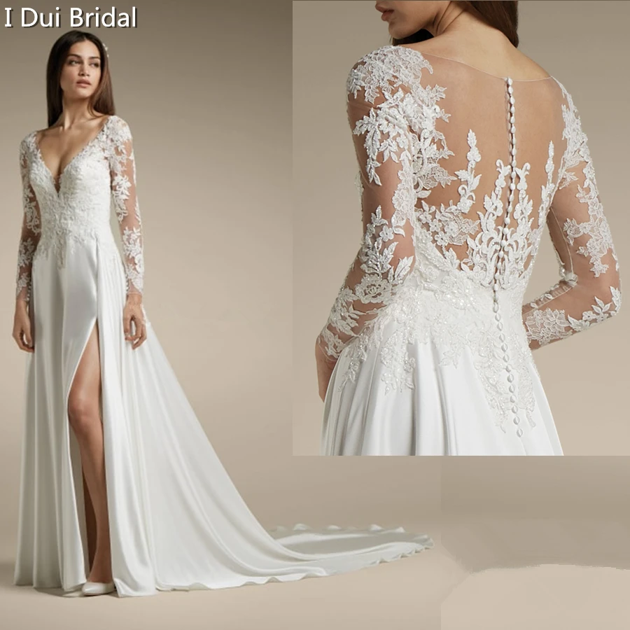 Illusion Long Sleeve Wedding Dress with Split A line
