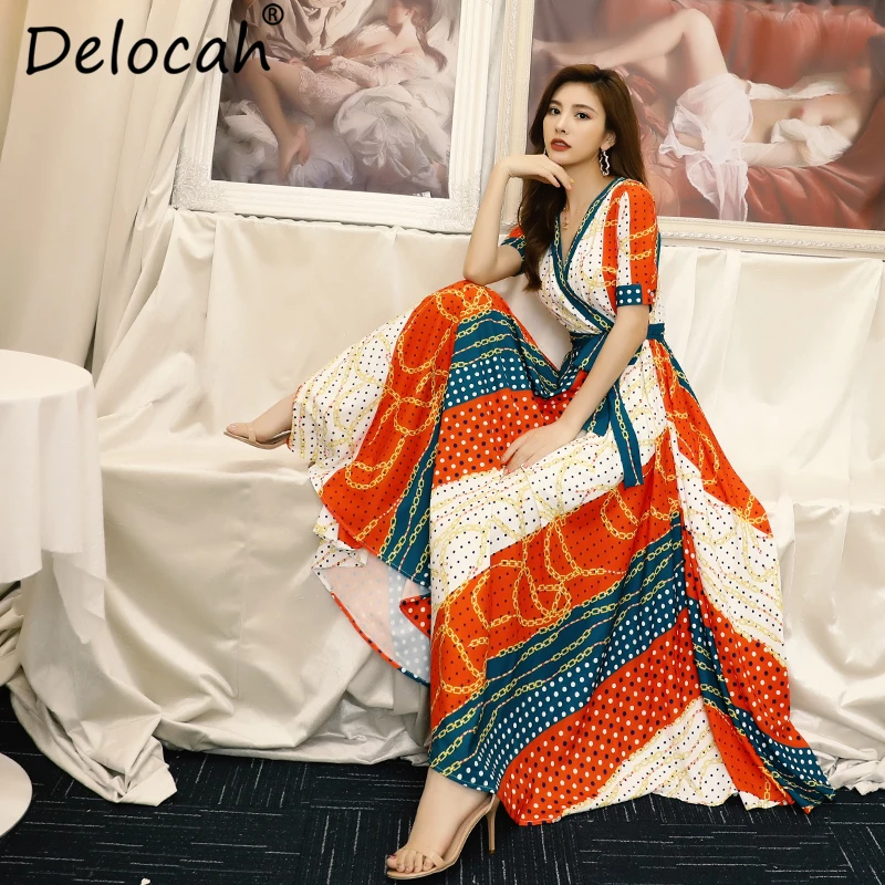 Delocah Women Summer Dress Runway Fashion Designer V-Neck Dot Print Bow Tie Elegant Casual Holiday Party Ladies Long Dresses