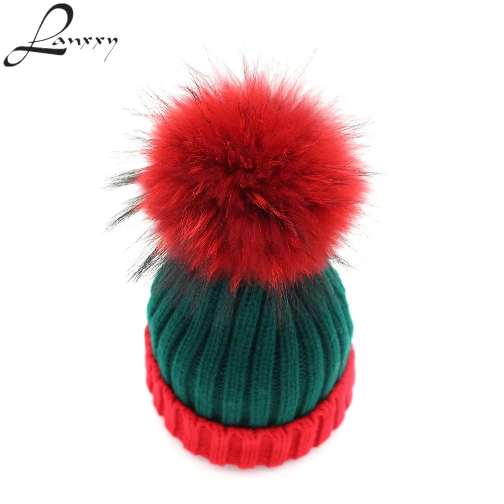 

Lanxxy Real Mink Fur Pom Poms Hat for Women Kids Girls Skullies Beanies Female Cap Bonnet Knitted Warm Winter Hats for Children