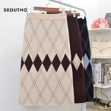 SEDUTMO, зимняя клетчатая юбка-карандаш, женская трикотажная юбка с высокой талией, миди, тонкая, эластичная, повседневная, осенняя, черная, винтажная, сексуальная юбка, ED688