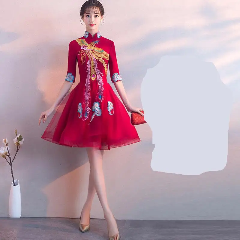 Традиционное китайское женское платье Cheongsam с вышивкой Феникс, элегантное Сетчатое платье с рукавом до локтя для свадебной вечеринки, винтажное платье Cheongsam - Цвет: Style 2