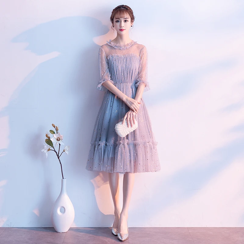 

2019 New Tiered Tulle Evening Dress O Neck A Line Tea Length High Quality Formal Prom Gowns Women Party Dress LF373