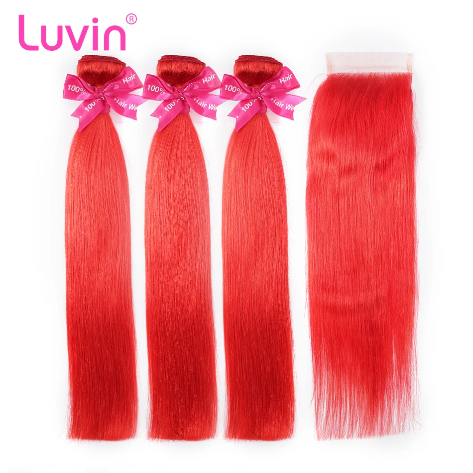 

Luvin Pink Red Straight Brazilian Hair Weave Human Hair Bundles With Closure 3 Bundles Remy Hair and 1PC Lace Frontal Closure