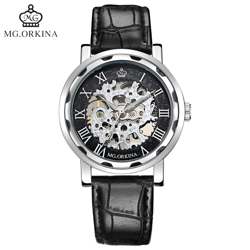 

Hot Fashion Brand ORKINA Skeleton Watches Men Leather Belt Hand Wind Up Mechanical Watches Man Wristwatches Heren Horloges