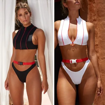 

Cheeky Thong Sexy Zip Buckle Patchwork Bikini Set 2018 Swimwear Brazilian Push Up Swimsuit Cut Out Bandage Biquini Set For Women