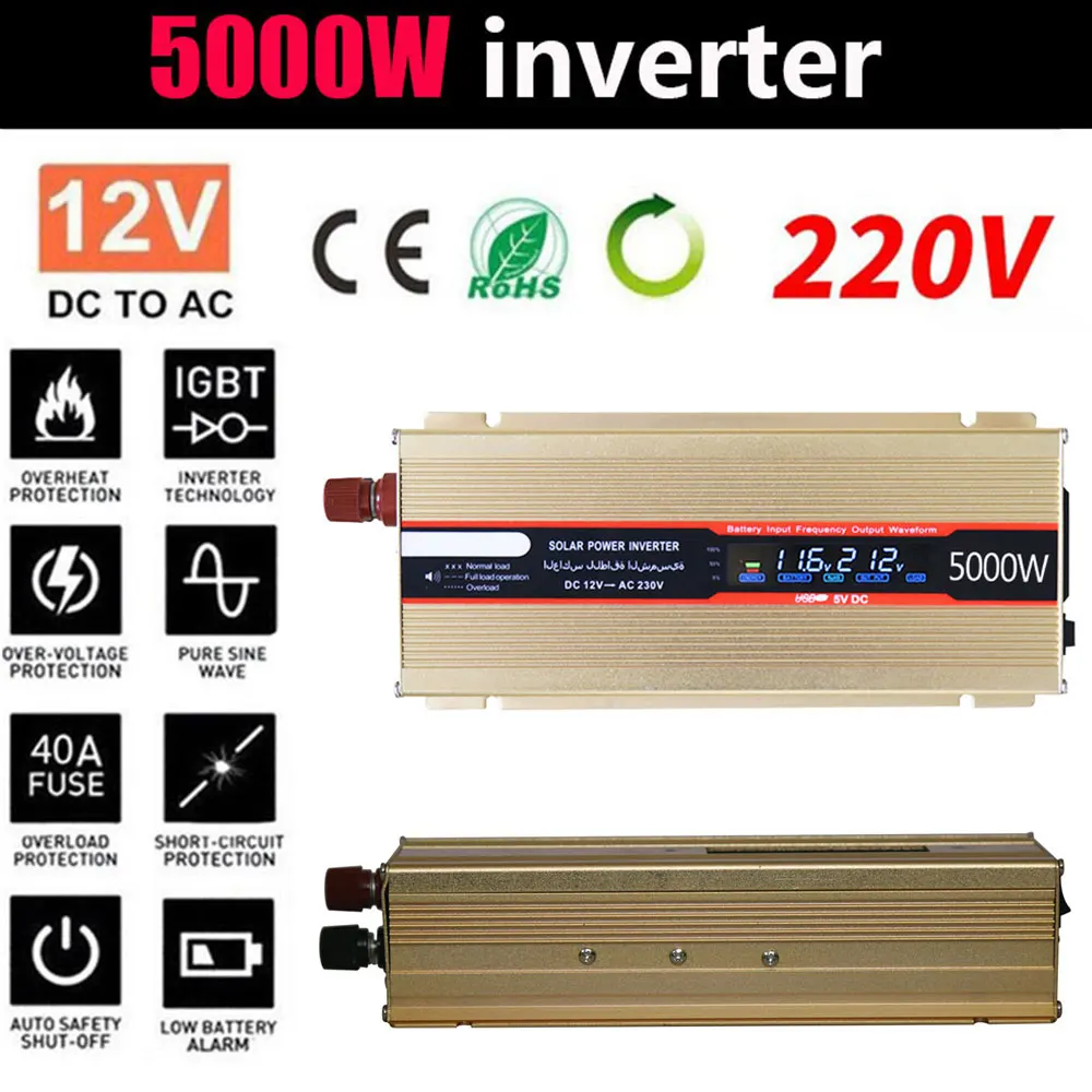 

5000W Peak LED Display Car Modified Sine Wave USB Power Inverter DC 12V To AC 220V Car Converter Low Noise Voltage Transformer