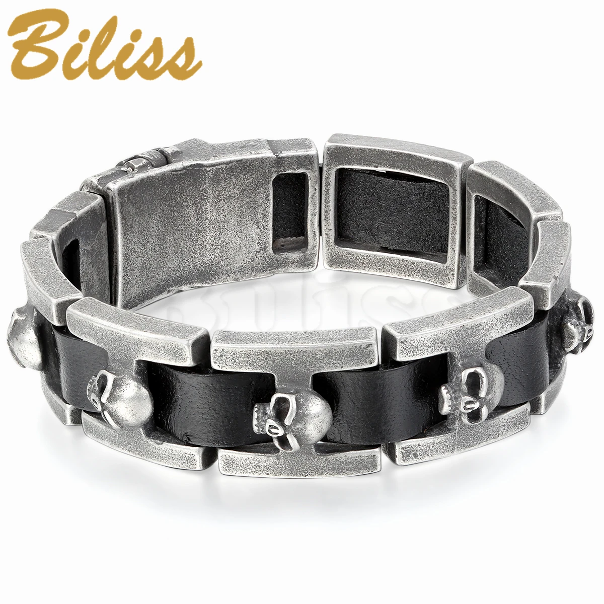 Vintage Noir En Cuir Bracelet Hommes Crâne Heads Charm Wrap Bracelet 9.4 pouce Hommes Garçon Cadeau pulseira de couro