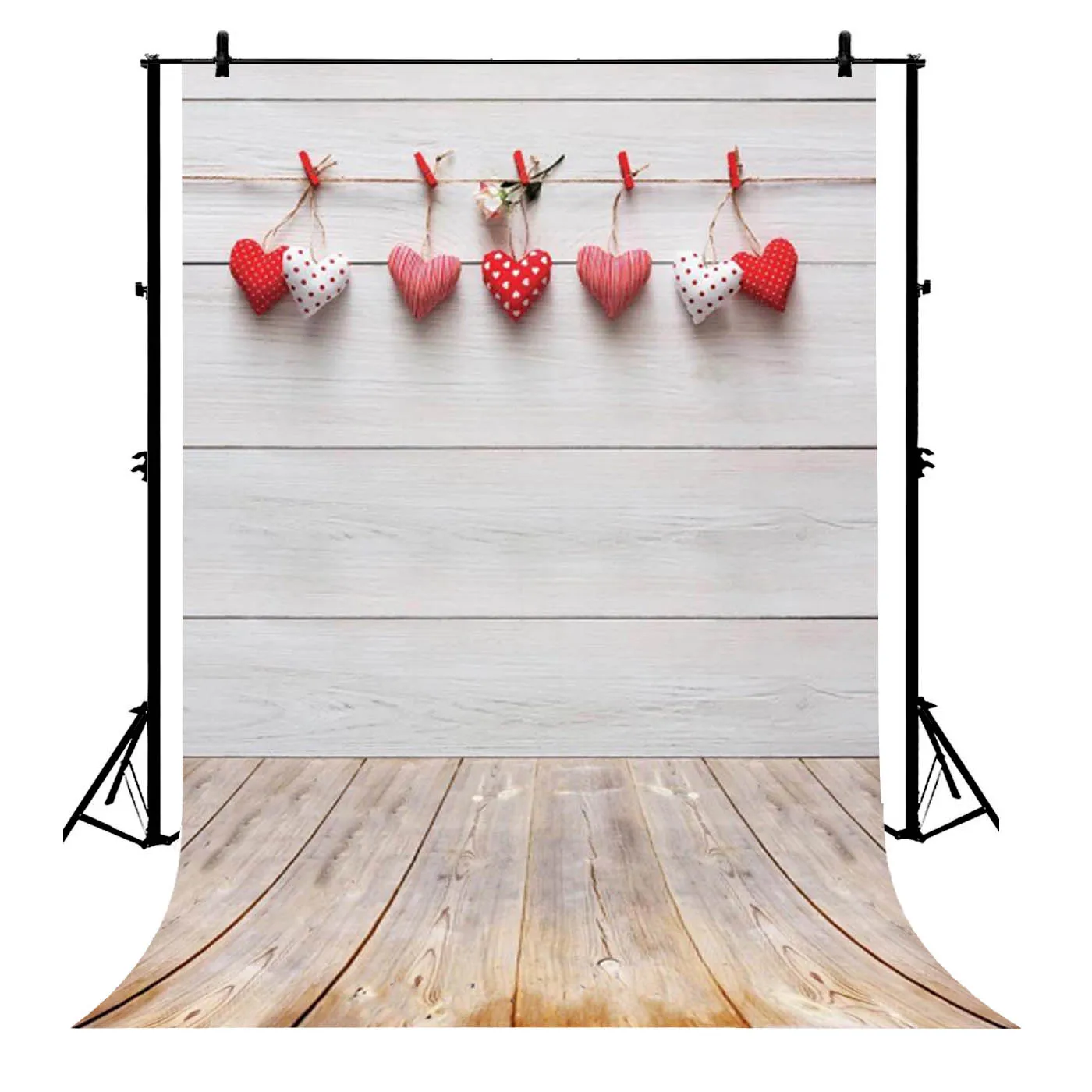 

5x7ft Valentine Day String Sweet Hearts Red Clips Wood Plank Polyester Photo Background Portrait Backdrop