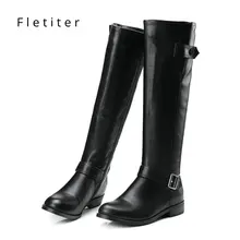 Зимние сапоги до колена из натуральной кожи; женские модные сапоги на низком каблуке; большие размеры; черные женские туфли на плоской подошве; Брендовая обувь