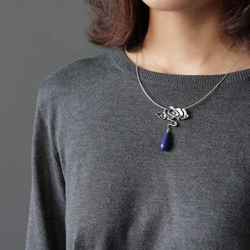 

Acecare silver 925 jewelry fashion necklaces 2019 moire pendant without chain lady 925 sterling silver inlaid Lapis Necklace