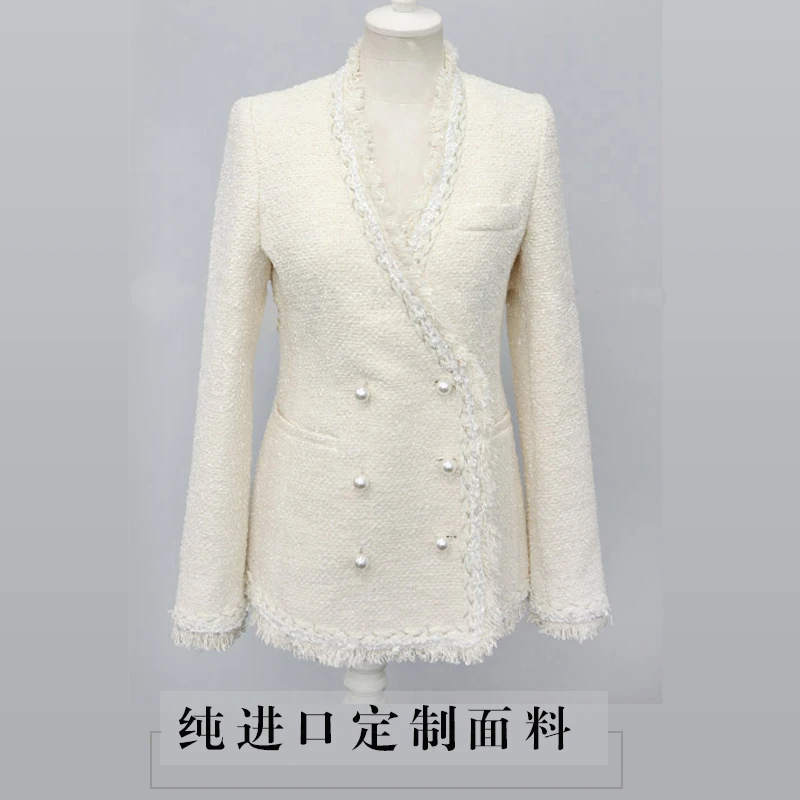JSXDHK подиумная дизайнерская белая твидовая куртка с жемчугом Новинка года, модная осенне-зимняя плотная двубортная шерстяная верхняя одежда