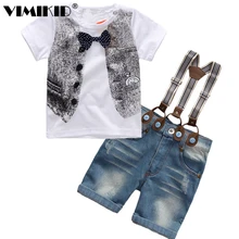VIMIKID/Коллекция года, комплект джентльмена для мальчиков, футболка с короткими рукавами джинсовые шорты с бантом комплект с нагрудником, модный детский костюм из 2 предметов Одежда для мальчиков