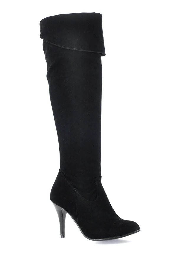 Большие размеры, женские сапоги выше колена на весну/Осень/зиму, с отгибом пикантные сапоги на тонком высоком каблуке модные сапоги с острым носком женская обувь, 858 - Цвет: black