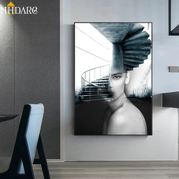 

Surrealistic Fashion Modern Girl Spiral Staircase Decoration Style Canvas Print Painting Poster Wall Picture for Home Decor