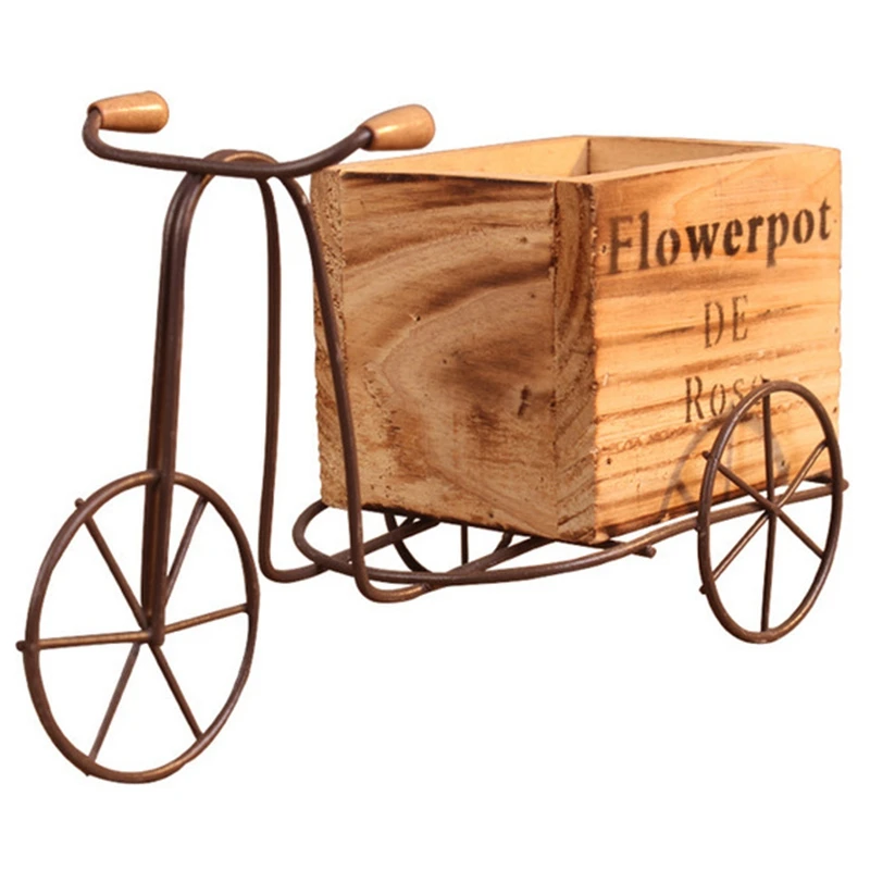 

Wooden Tricycle Model Flower Pot Wrought Iron Bicycle Flower Stand Indoor Storage Rack Home Garden Desktop Decor Crafts Gifts