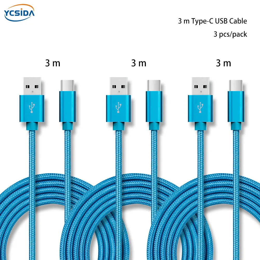 Золото 3 м 3 шт./упак. 5 V 2.4A USB C для передачи данных в нейлоновой Зарядное устройство кабель для samsung S10/LG G6/huawei mate 20/xiao Mi 8/OPPO R17/vivo NEX кабель - Тип штекера: Blue 3m 3pcs