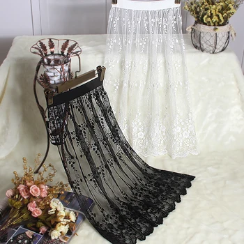 

Women Floral Embroidery Long Midi Skirt Summer Korean Ladies Sexy Vintage High Waist Transparent Mesh Lace White Black Skirts