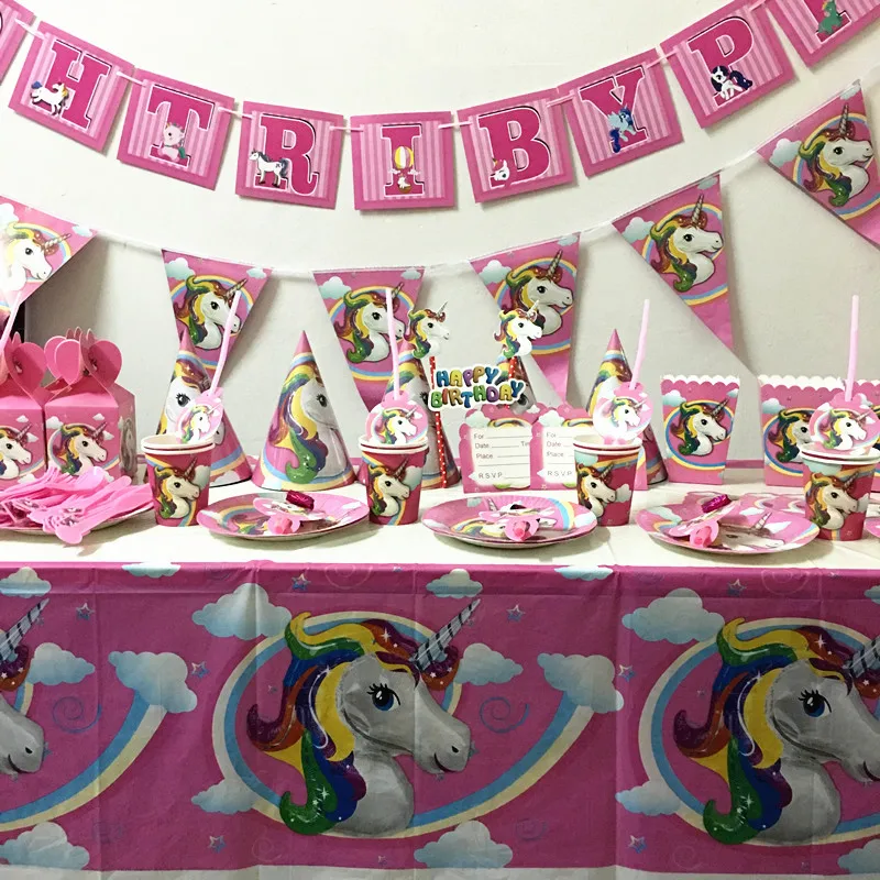 108pcs Lot Unicorn Plates Cups Kids Birthday Party Supplies
