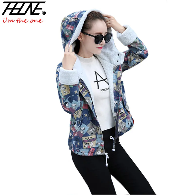 THHONE Denim Jacket Women Jeans Coat Print Fleece Hooded