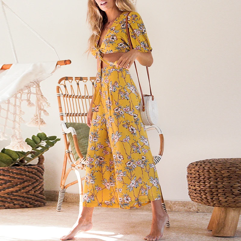 

Melegant Bow Wide Leg Women Jumpsuit Rompers Sets Floral Beach Bohemian Summer 2019 Jumpsuit Casual Yellow Long Rompers
