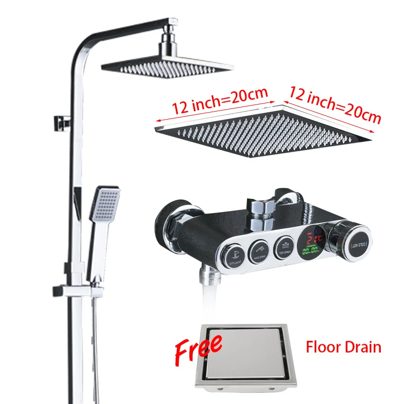 ULGKSD «дождевой» смеситель для душа в ванную набор цифровой дисплей душевая головка смеситель горячей и холодной воды кран Керамический клапан Смесители для ванны - Цвет: 12 inch