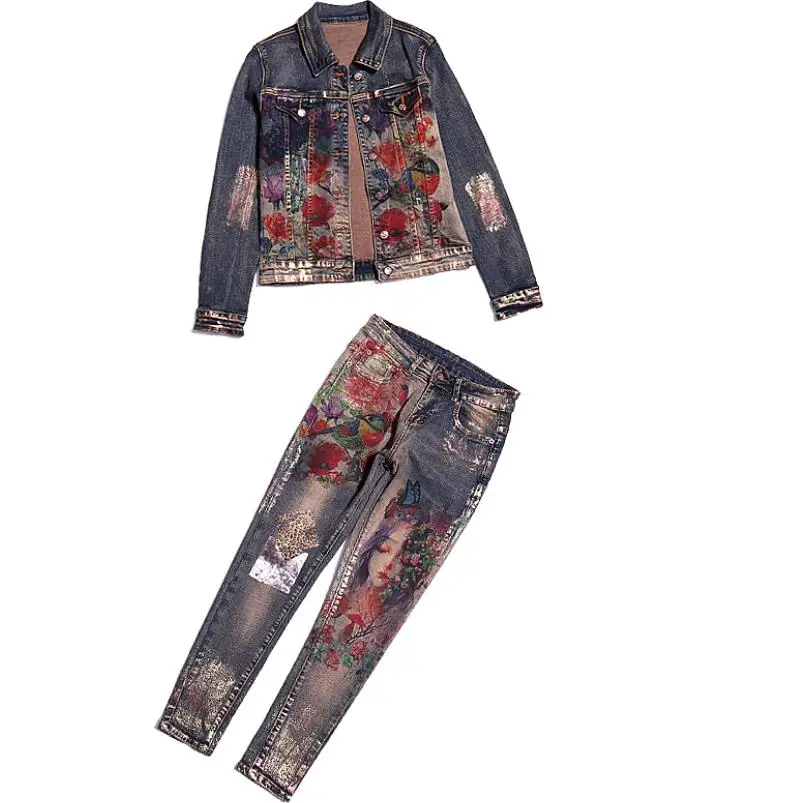 

printing denim suit female new long-sleeved denim jacket pants fashion jeans