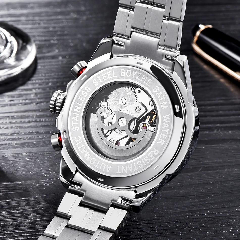 BOYZHE الرياضة التلقائية ووتش الرجال كرونوغراف من الفولاذ المقاوم للصدأ رجالي ساعات آلية تاريخ السيارات الفاخرة العلامة التجارية montre أوم 2019 BOYZHE الرياضة التلقائية ووتش الرجال كرونوغراف من الفولاذ المقاوم للصدأ رجالي ساعات آلية تاريخ السيارات الفاخرة العلامة التجارية montre أوم 2019