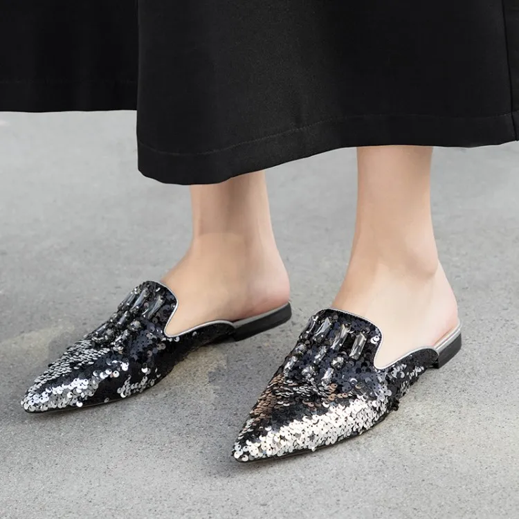 

MLJUESE 2019 women slippers Soft sequined cloth Rome style outside pointed toe silver color sandals party wedding dress